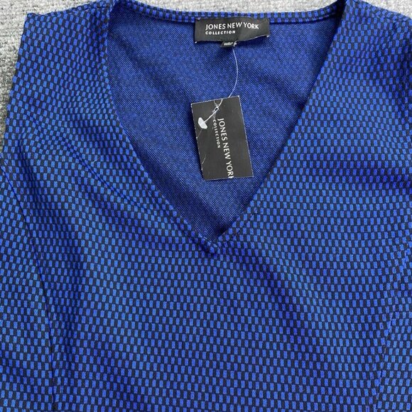 Jones New York‎ Dress Womens S Cobalt Blue Black Fit Flare Midi V Neck No Belt - Picture 4 of 12
